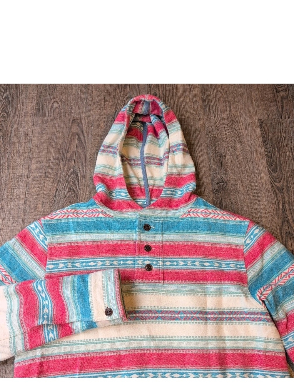Faherty Hoodie Mens Medium Southwest Aztec Print Henley Cove Red Blue Striped